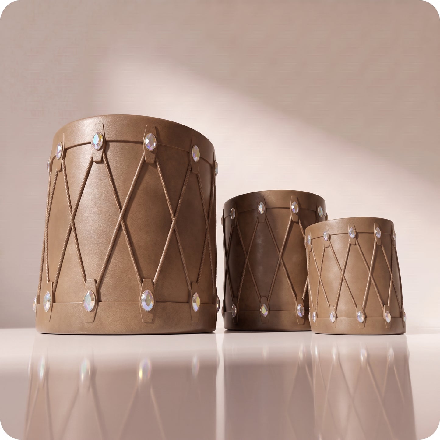 Set de tambores de resina cafés con diamantes