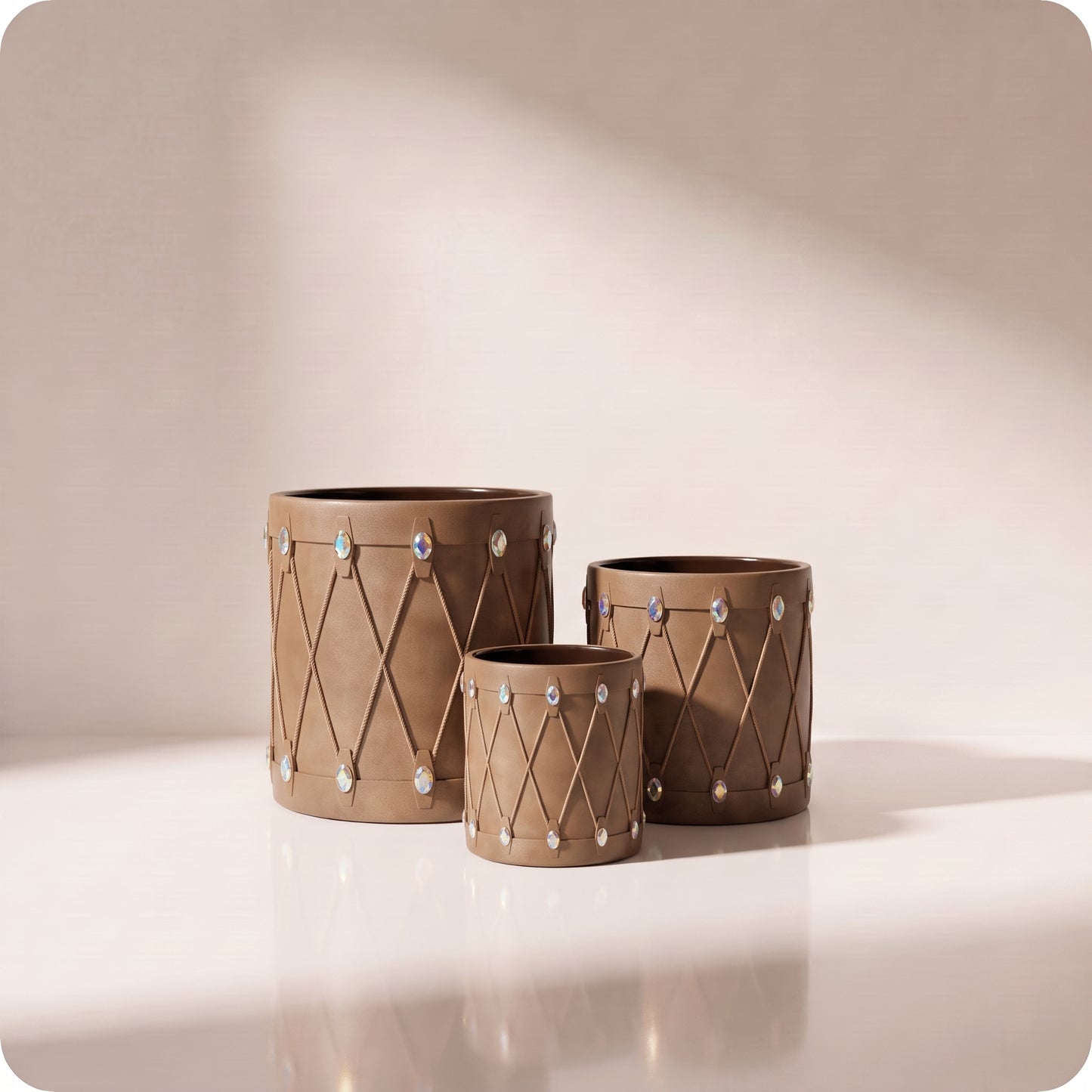 Set de tambores de resina cafés con diamantes