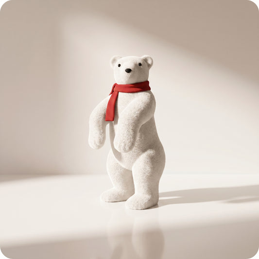 Elegante oso polar blanco con bufanda roja parado 2