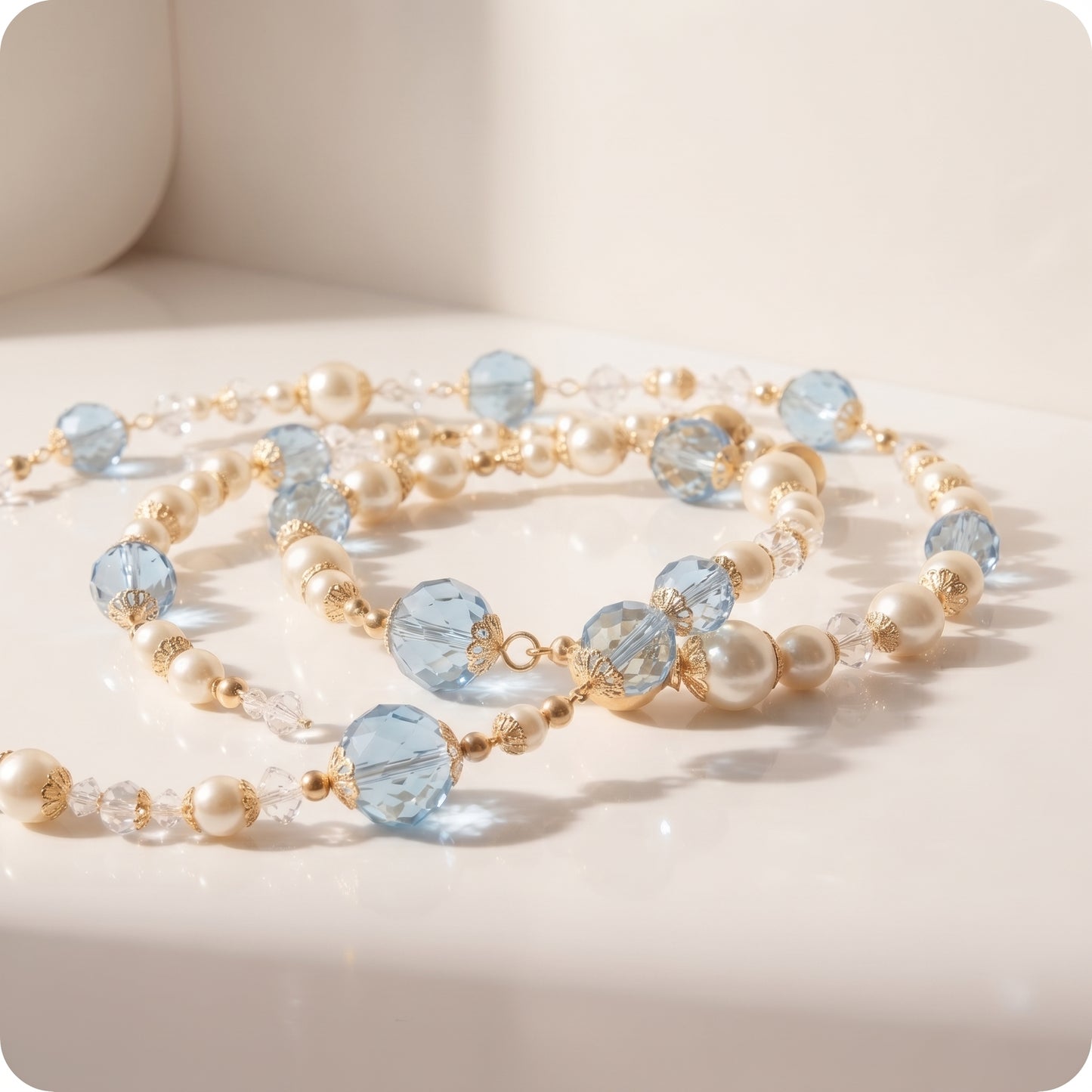 Guirnalda de perlas con piedras azules trasparentes