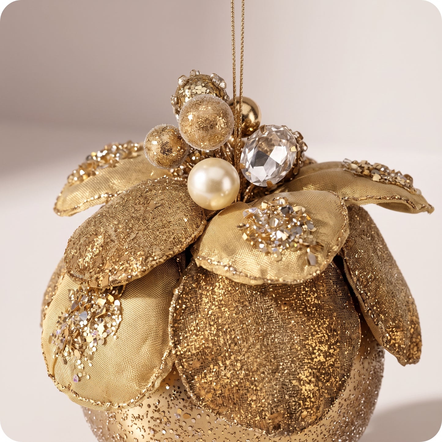 Esfera velvet con joyas y flor de magnolia dorada 11 cm